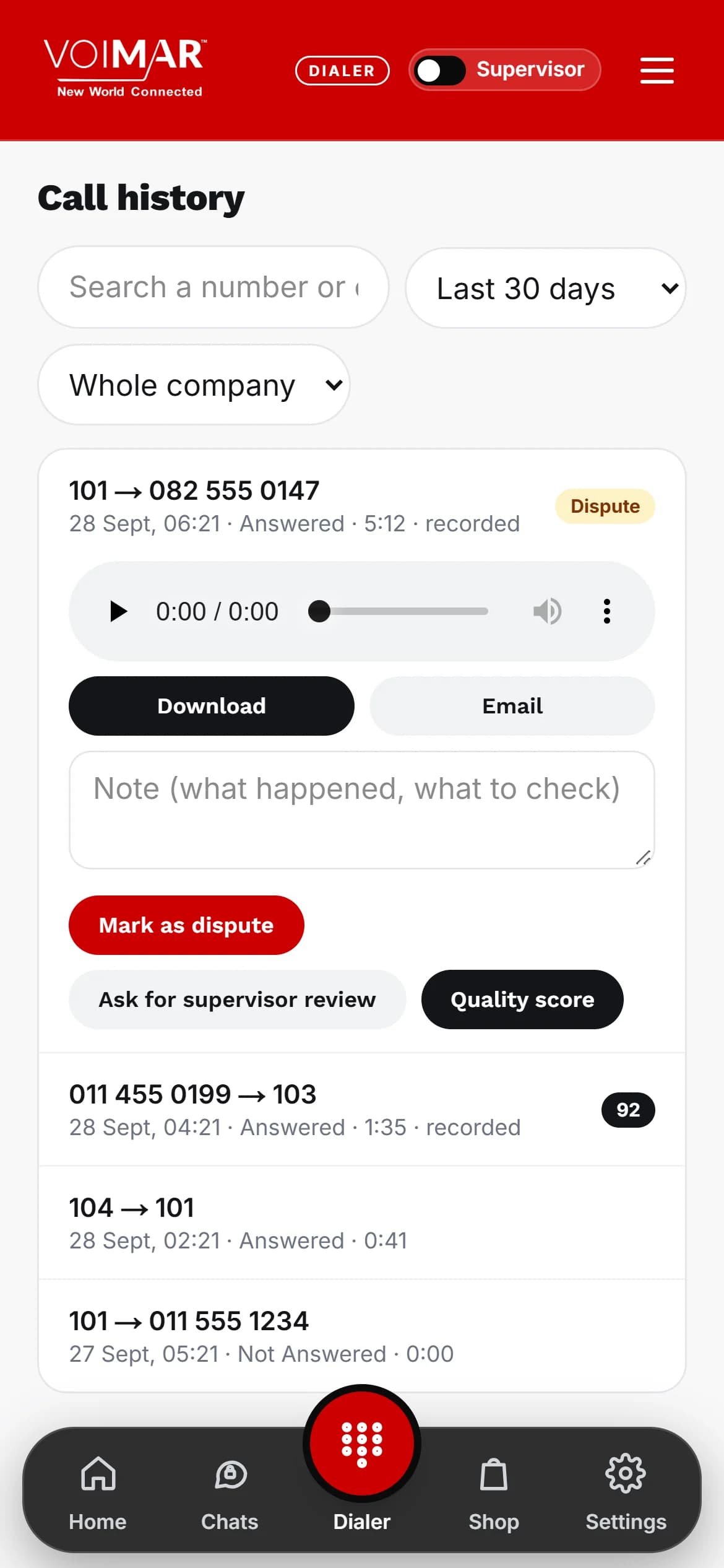 Voimar Call Centre & Dialer - History & recordings
